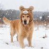 A golden retriever wearing a knitted hat with bear ears standing in the snow.