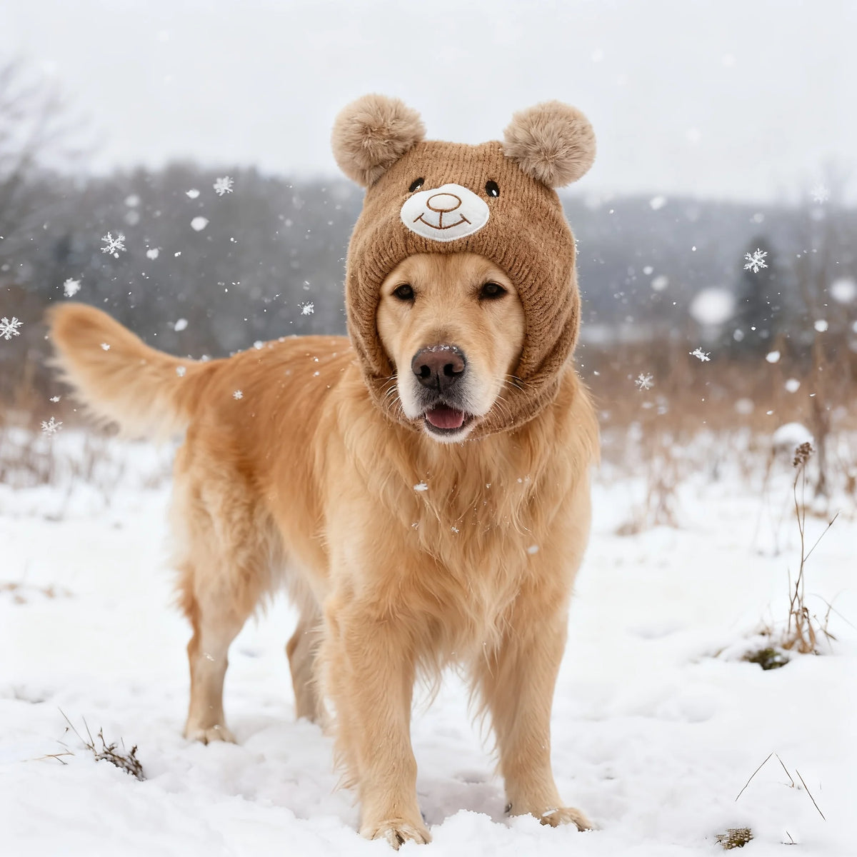 A golden retriever wearing a knitted brown dog hat with bear ears in a snowy outdoor setting.