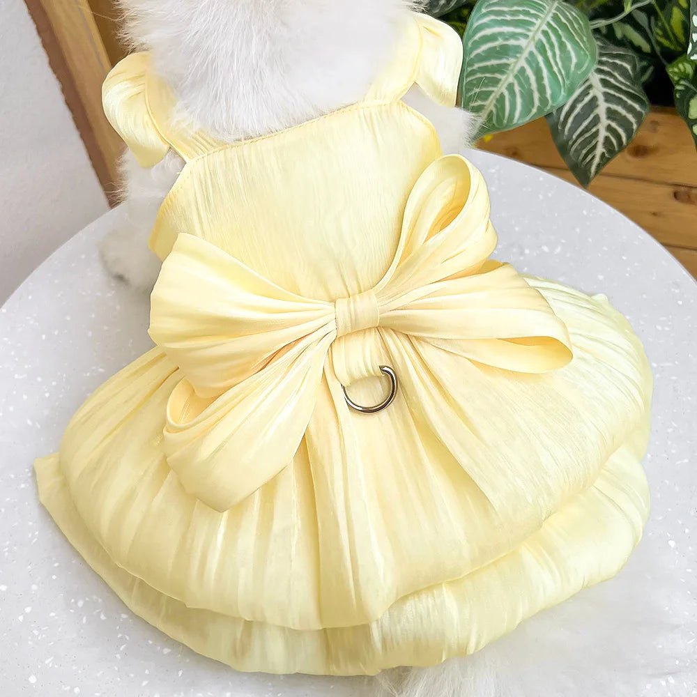 Gelbes, einfarbiges Hundekleid für einen kleinen Hund mit einer großen Schleife.