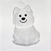 A clear silicone keychain shaped like a happy dog with a fluffy white coat.