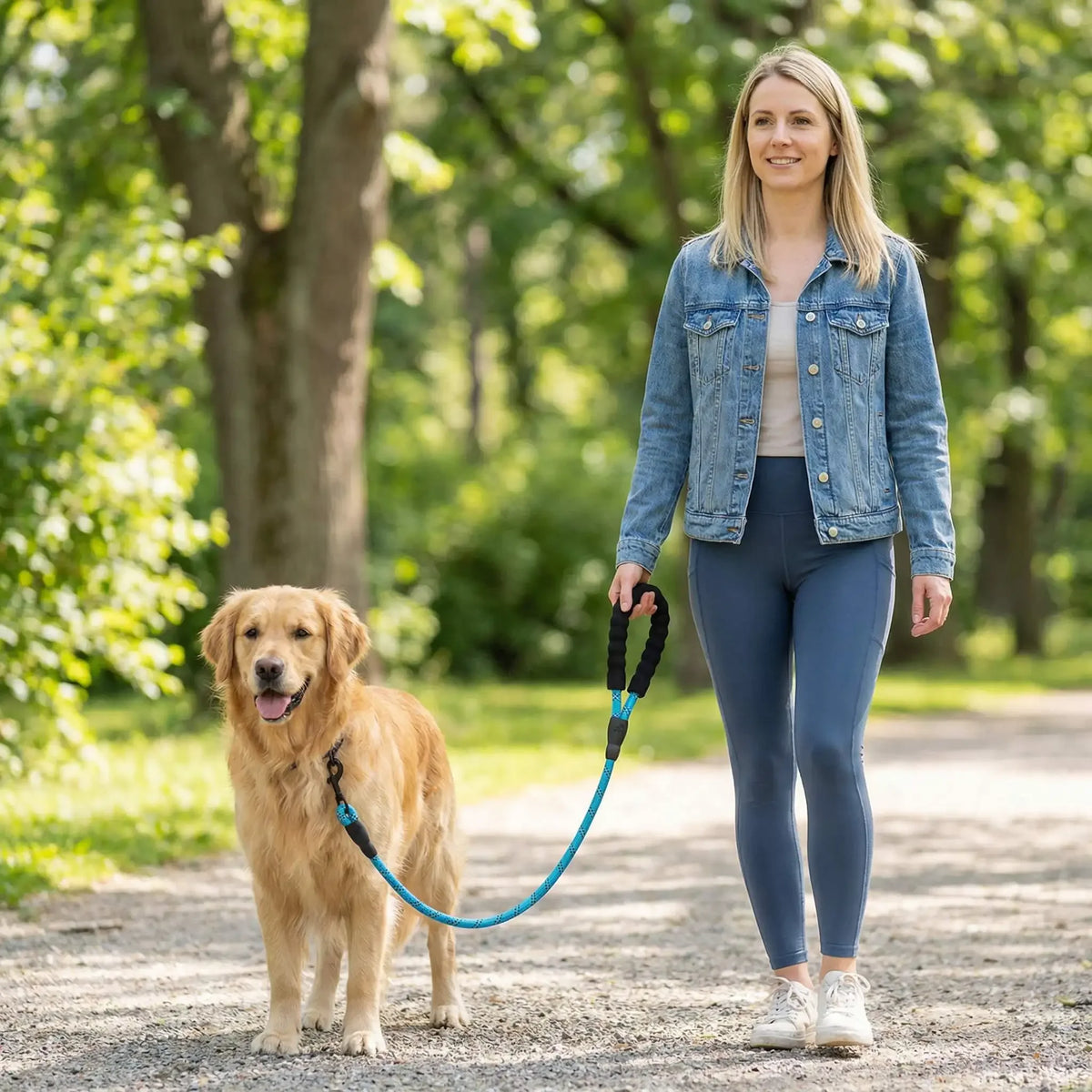A woman is walking a golden retriever on a reflective nylon dog leash in a park setting.