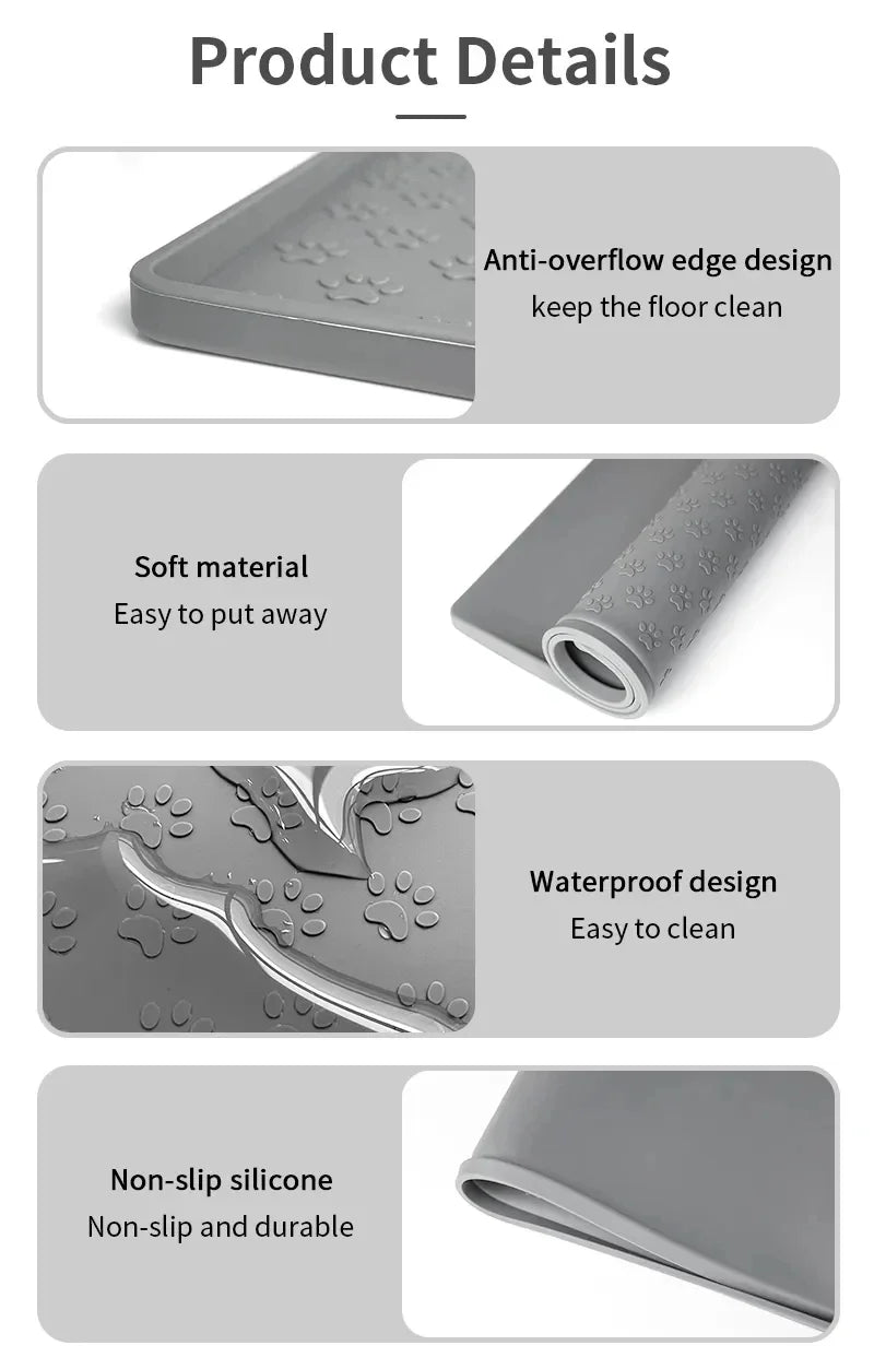 A gray silicone pet feeding mat with an anti-overflow edge design and non-slip features.