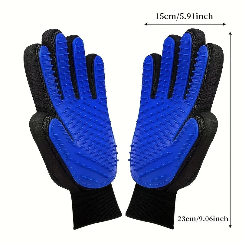 Pair of blue and black pet massage cleaning gloves for dogs and cats