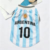 Argentina football jersey for dogs and cats featuring light blue and white vertical stripes with the number 10