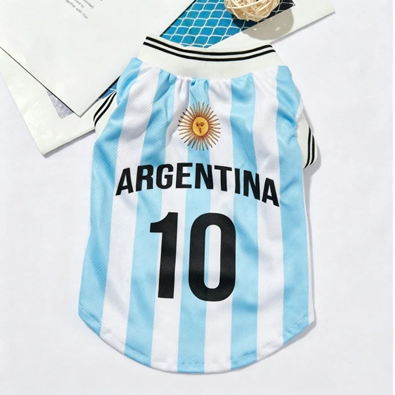 Argentina football jersey for dogs and cats featuring light blue and white vertical stripes with the number 10