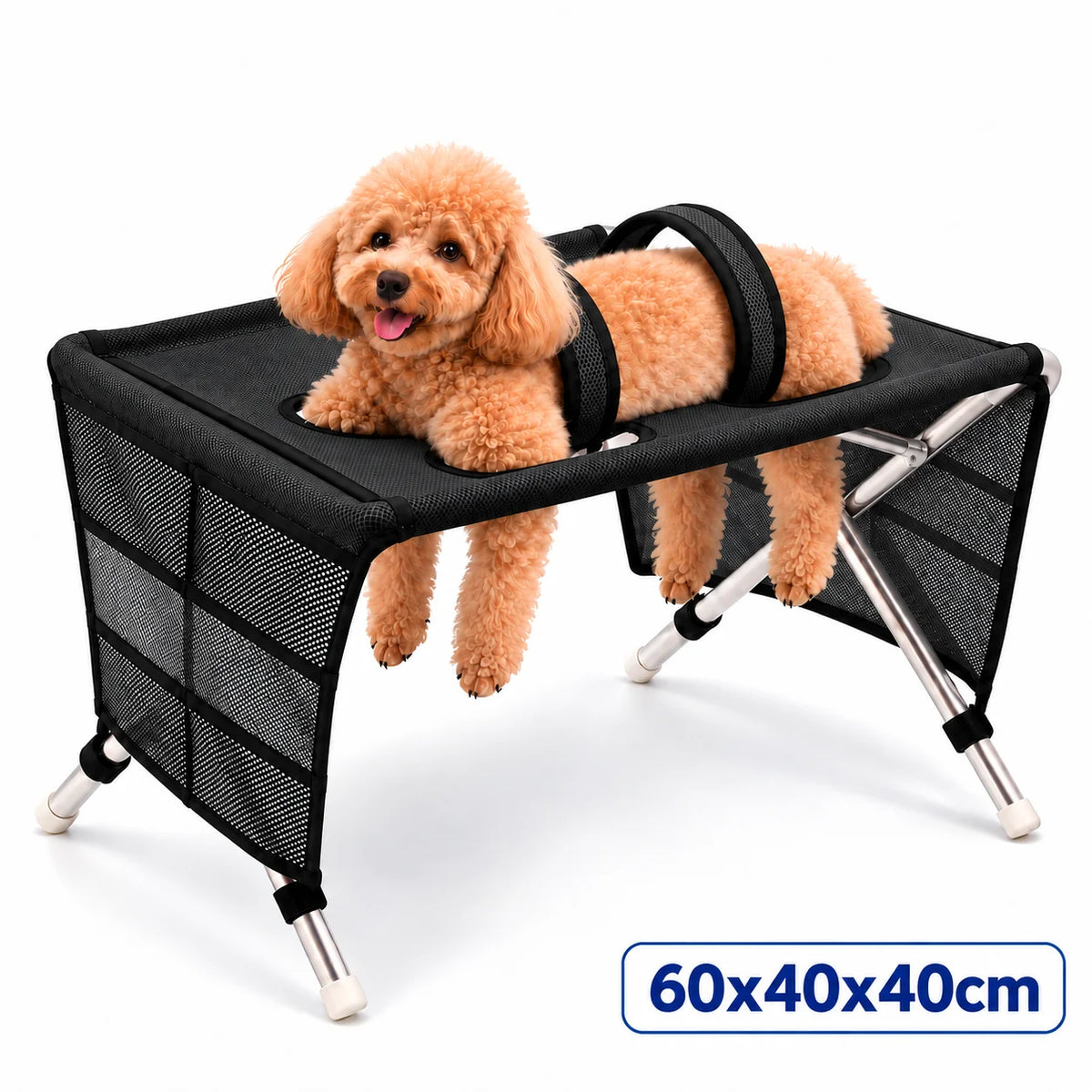 A small, fluffy golden-colored dog is resting on a black foldable pet bath hammock stand.
