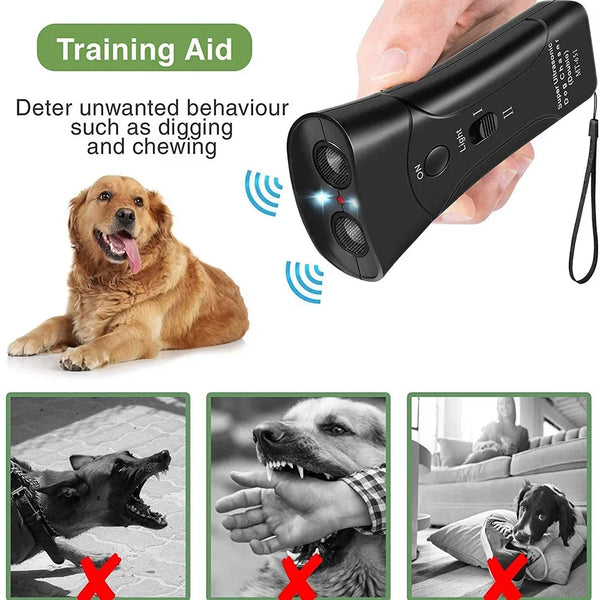 A hand holds an ultrasonic dog bark deterrent device with an LED light, shown next to dogs exhibiting unwanted behaviors.