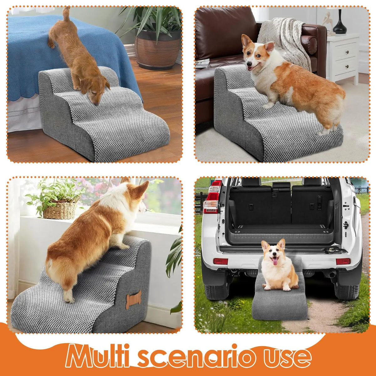 Produkt mit Treppen und Rampen für Hunde und Katzen in verschiedenen Situationen.