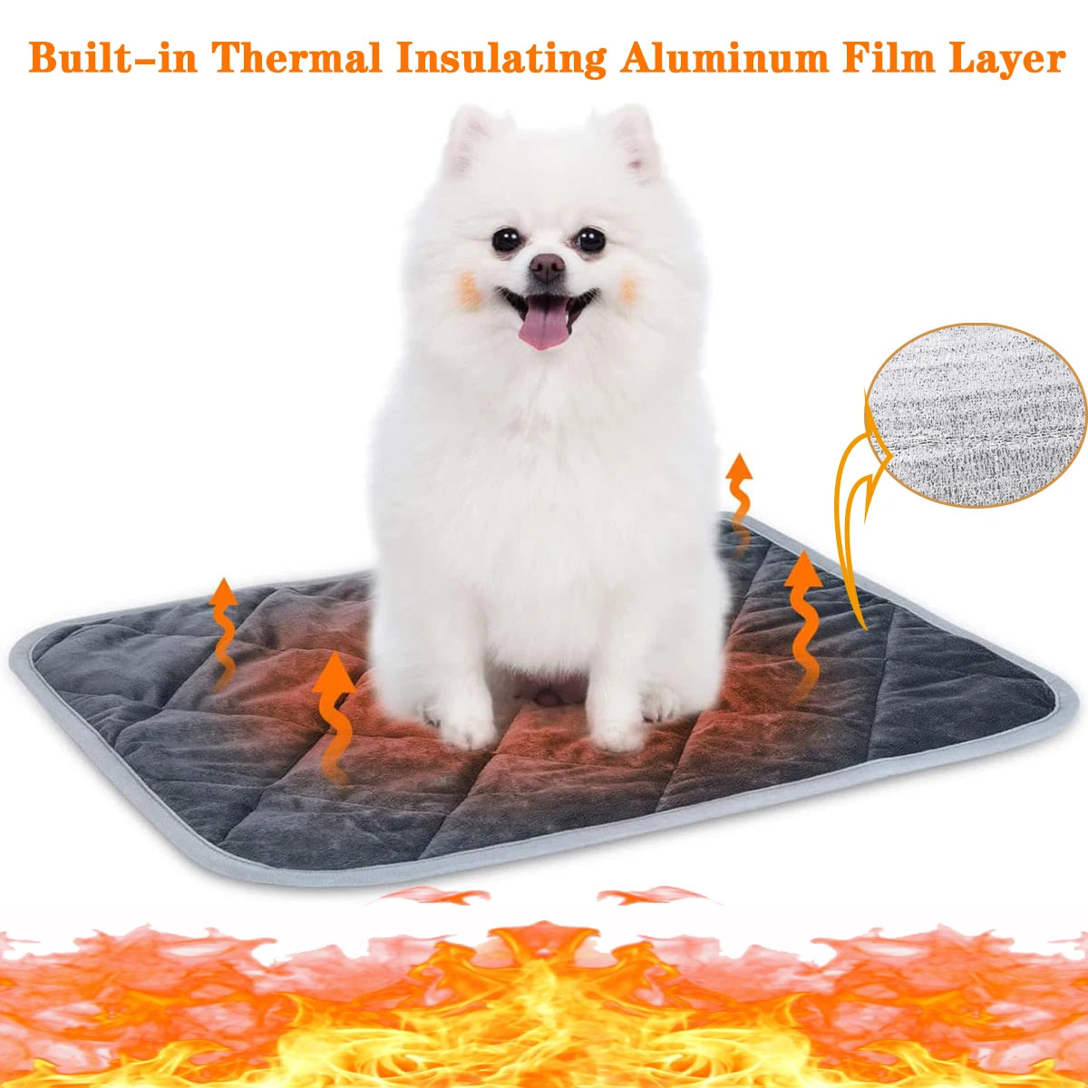 Un chien blanc et duveteux est assis sur un tapis pour animaux gris avec une couche d'aluminium, entouré d'une chaleur lumine