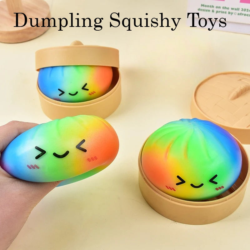 A hand holds a colorful rainbow dumpling squishy toy with a wooden steamer basket for stress relief.