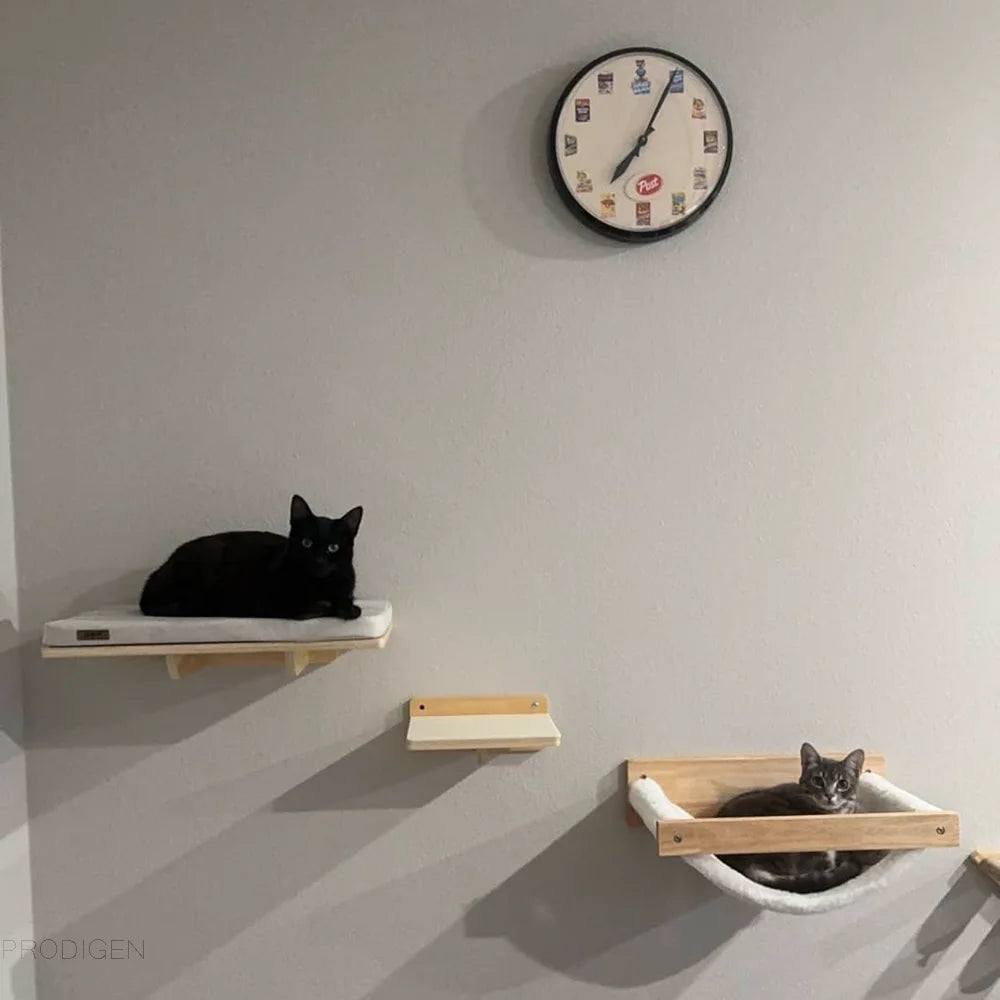 Wall-Mounted Cat Climbing Shelves with Hammock and Scratching Post