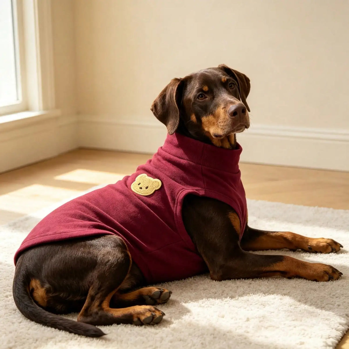 A brown dog wearing a maroon turtleneck vest with a light yellow bear patch, lying on a cream rug.