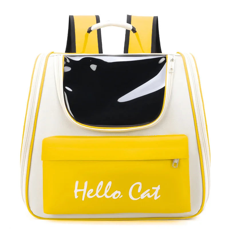 Sac à dos panoramique jaune et blanc pour animaux avec une poche avant noire.