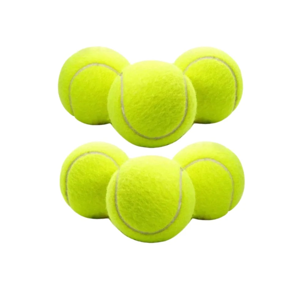 A set of six neon yellow tennis balls arranged in two rows.