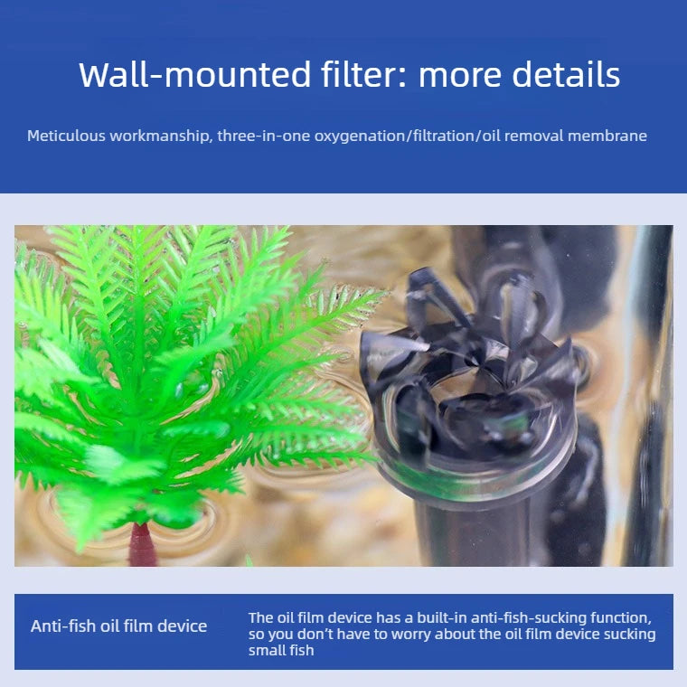 Filtre mural montrant une plante verte et un dispositif à film d'huile pour la circulation de l'eau des aquariums