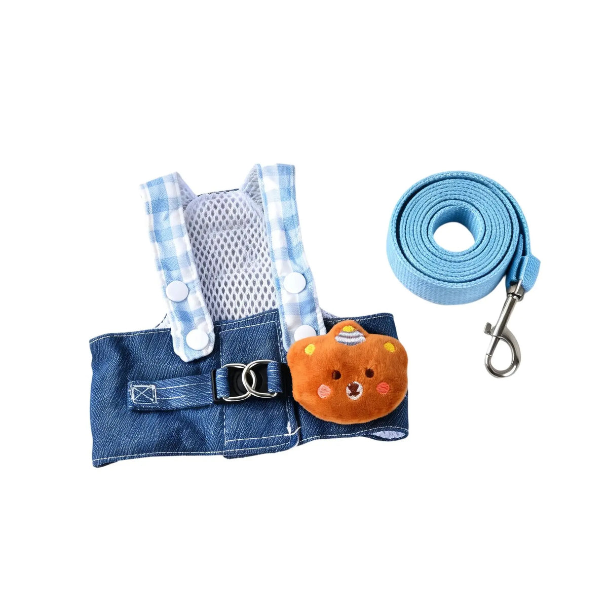 A denim dog harness and leash set featuring a padded vest, sun hat, and blue nylon leash.
