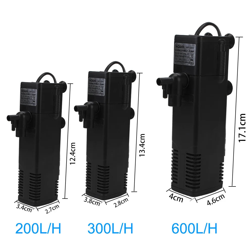 Three submersible aquarium filter pumps in black, labeled 200L/H, 300L/H, and 600L/H.