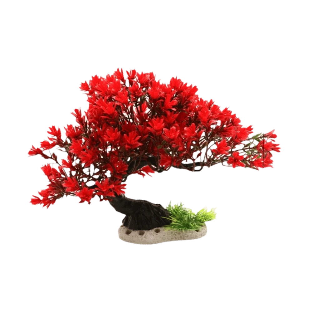 Lifelike artificial aquarium plant shaped like a red pine tree with green foliage.