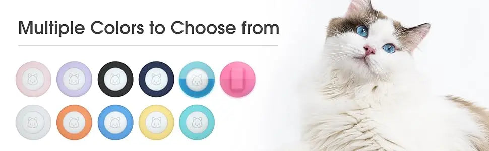 A white cat looking at a row of multiple colored silicone airtag collar holders.