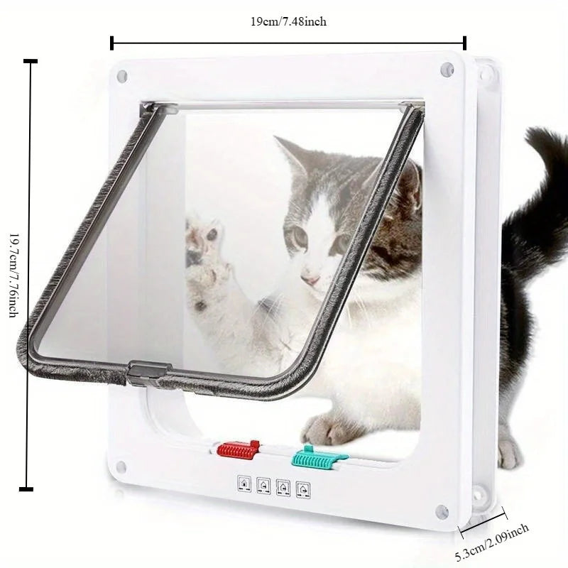 A white pet door with a safety flap is shown, featuring a glass window and a cat looking through it.