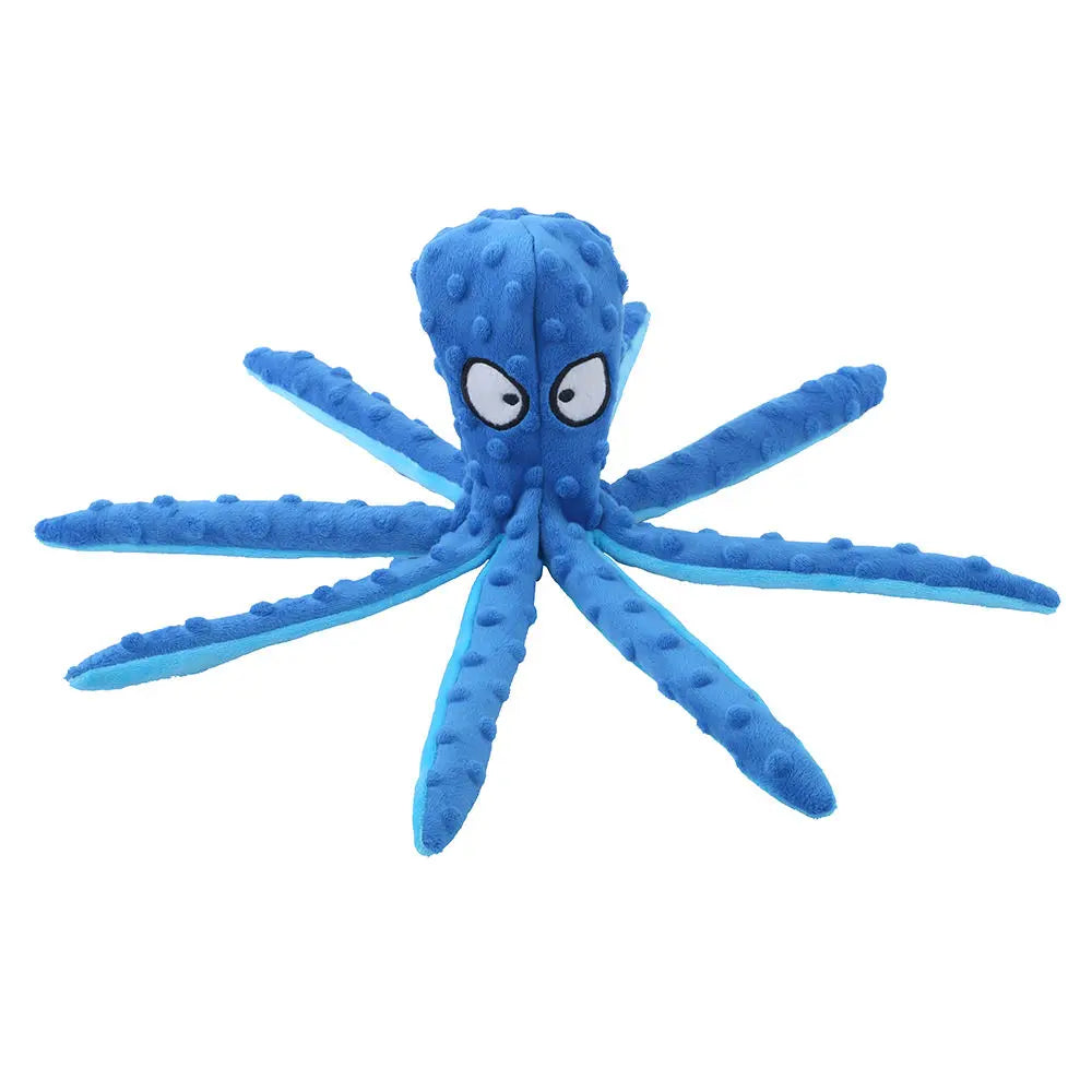A bright blue squeaky octopus plush toy with crinkle legs.
