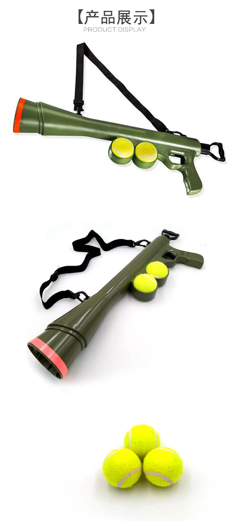 A green pet ball launcher with a black strap and two yellow balls, shown in different views.