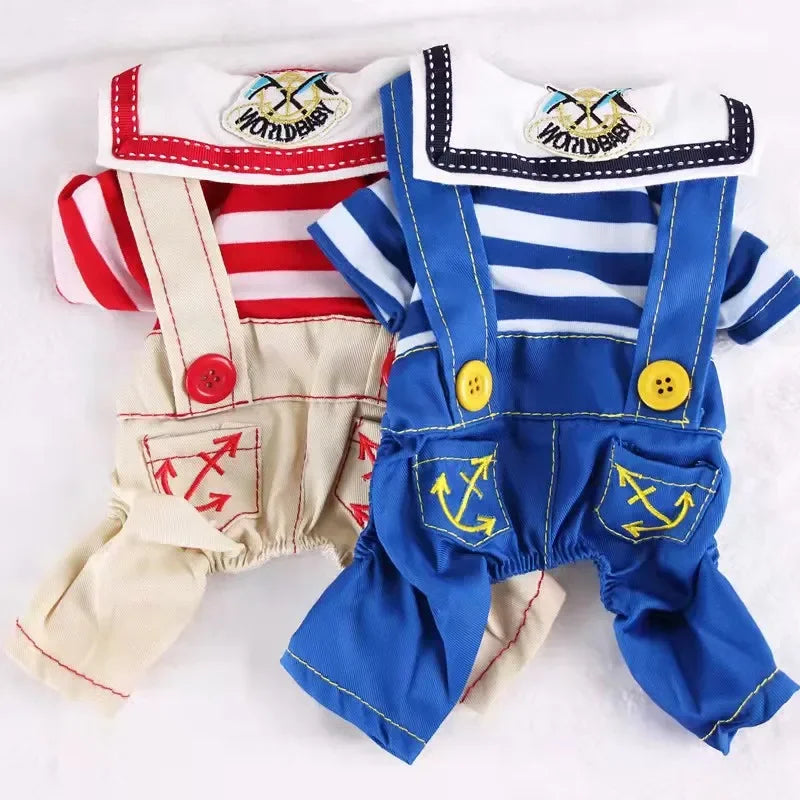A blue and white seaman dog Halloween costume jumpsuit with a white collar and red stripes.