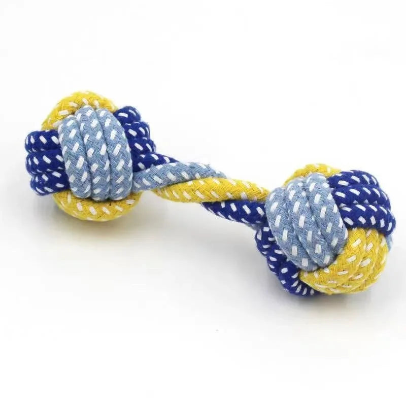 A set of interactive cotton rope dog toys shaped like a carrot and dumbbell, featuring blue and yellow textured ropes.