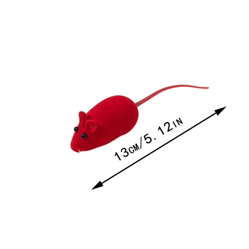 A bright red, interactive squeaking mouse toy designed for cats.