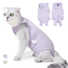 A fluffy gray and white cat wearing a lavender professional recovery suit.