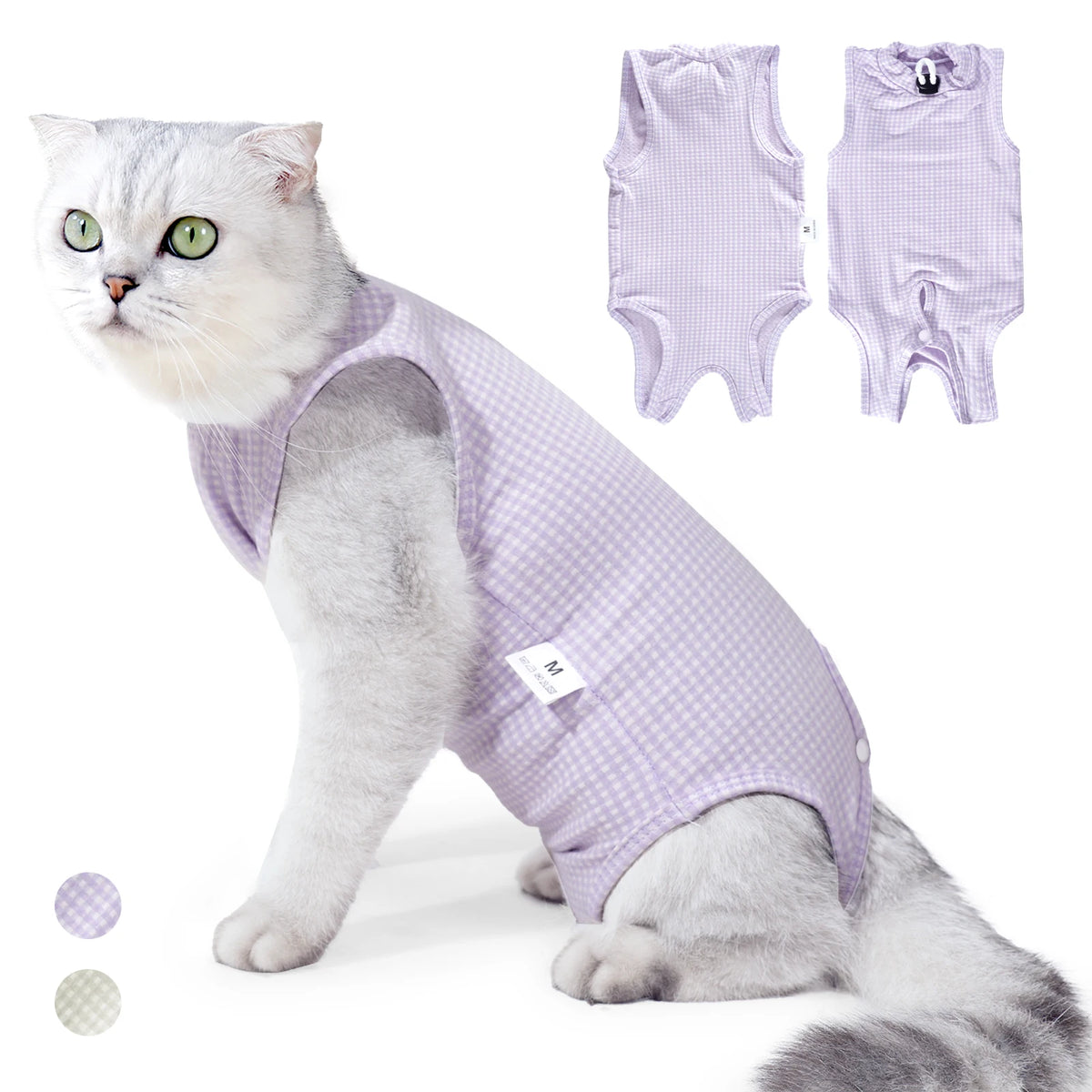 A fluffy gray and white cat wearing a lavender professional recovery suit.