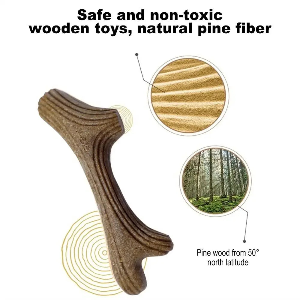 A close-up view of a natural pine fiber wooden dog chew stick.