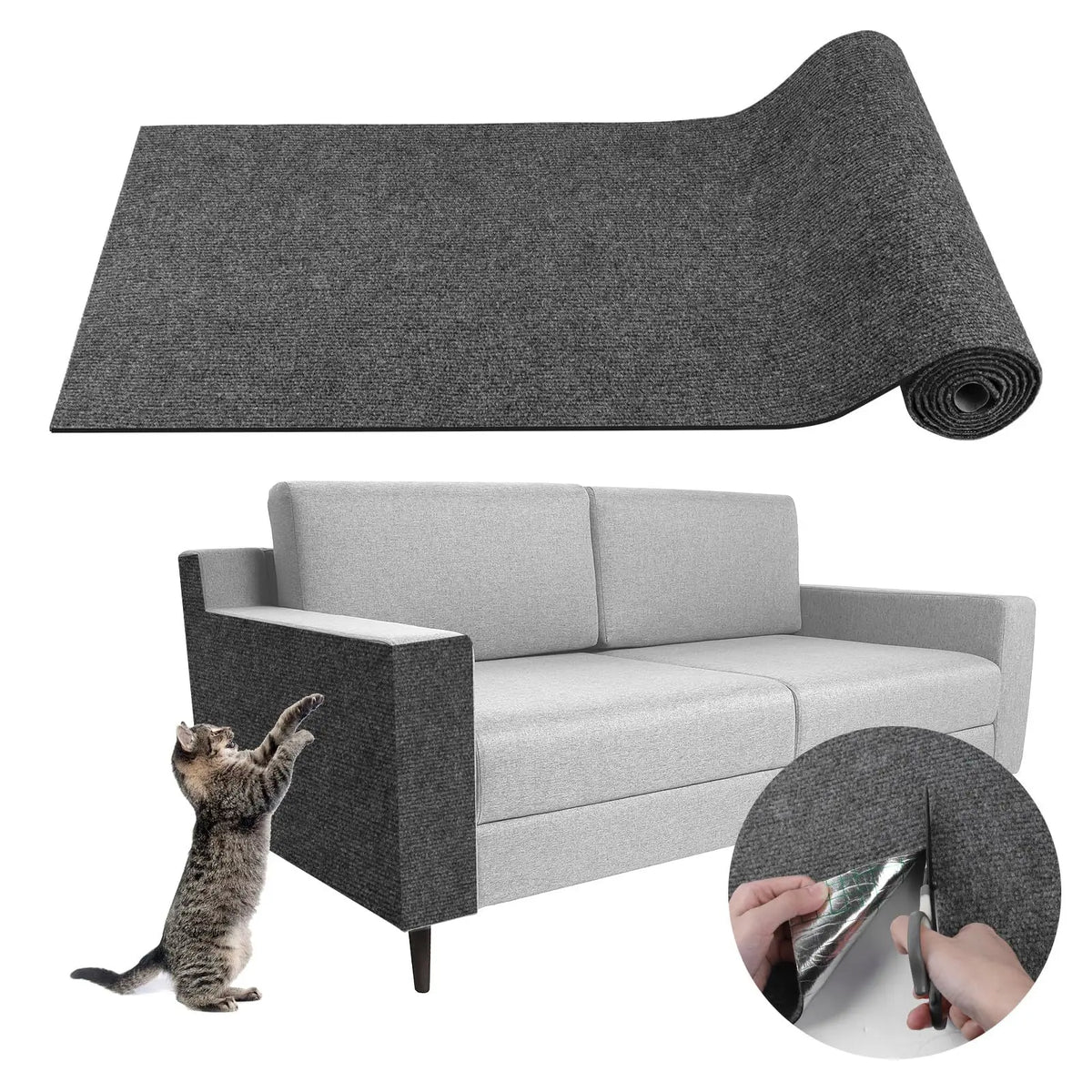 A gray self-adhesive cat scratching mat rolled up, shown next to a sofa and a cat interacting with the mat.