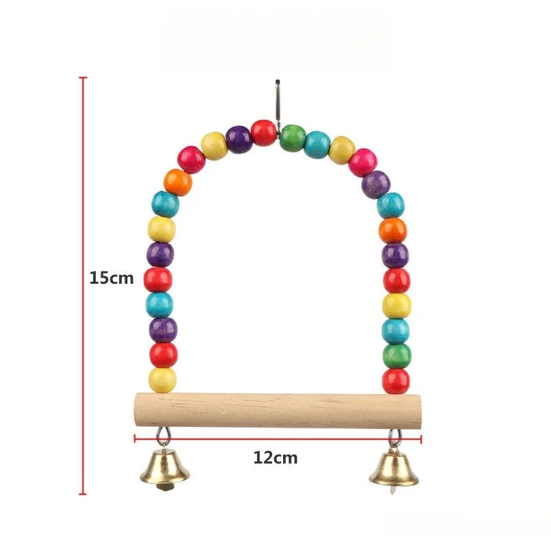 Wooden bird swing featuring colorful beads and hanging bells.