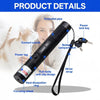 A black laser pointer pen with an extended pipe and various features like a contact switch, power tag, and focusing wheel.