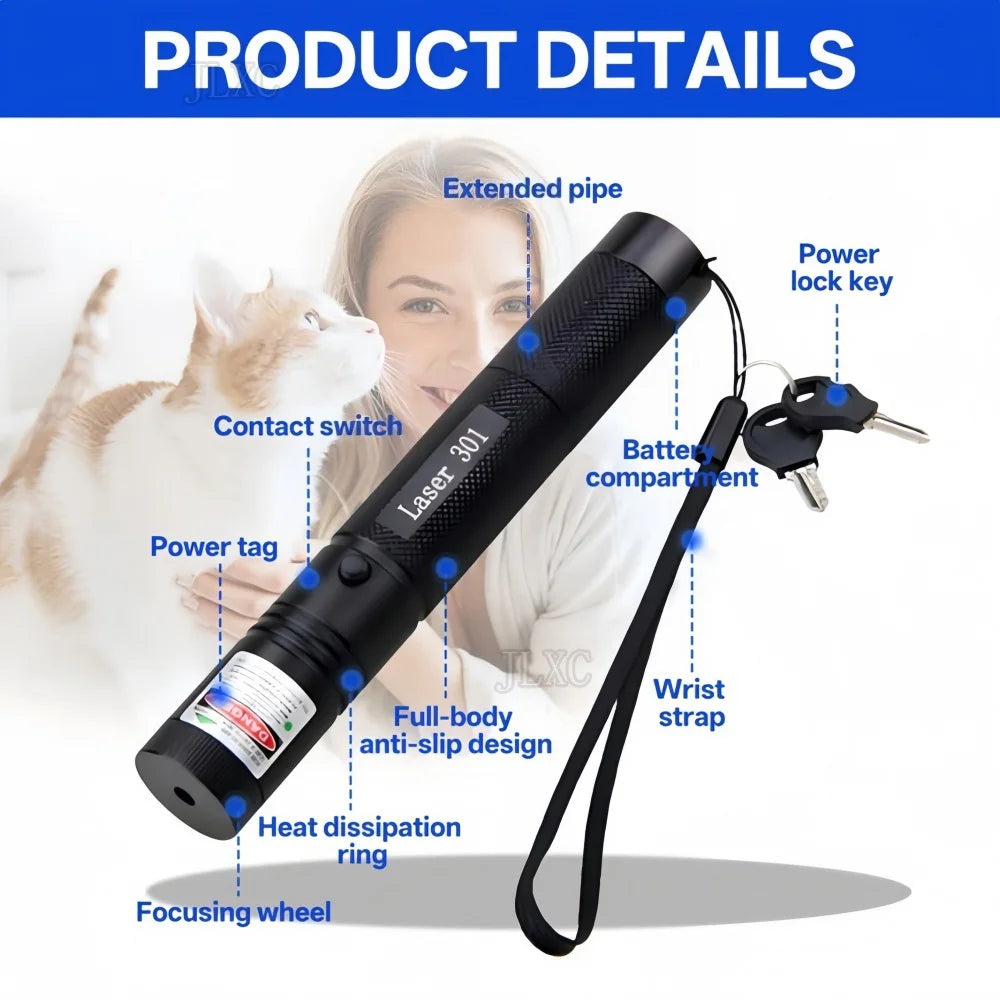 A black laser pointer pen with an extended pipe and various features like a contact switch, power tag, and focusing wheel.