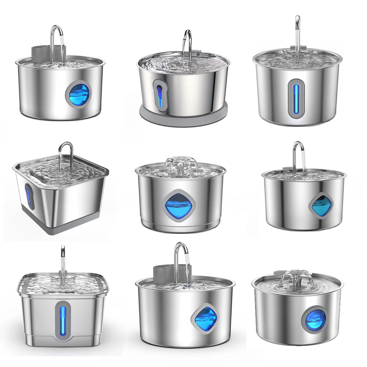 A collection of stainless steel automatic cat water fountains with various designs and filter components.