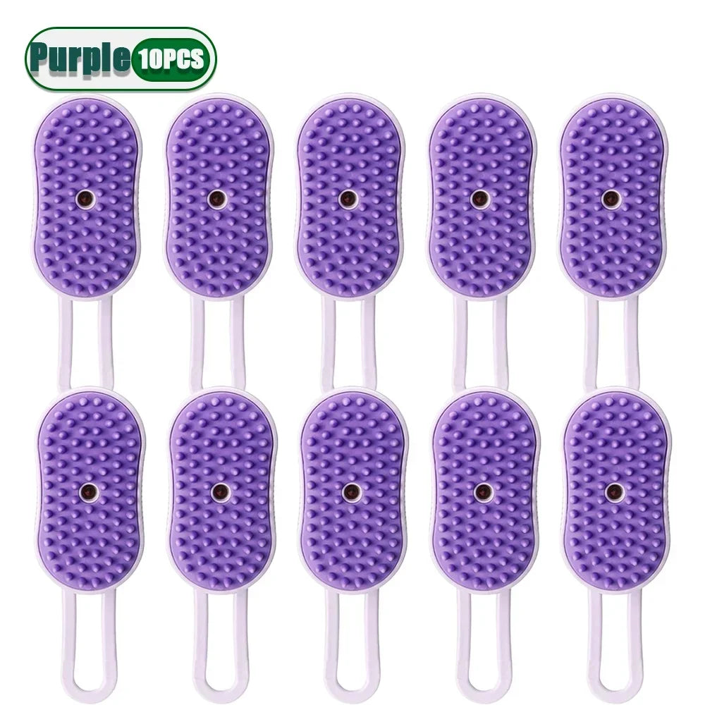 Purple 10-piece set of self-cleaning cat grooming brushes with soft massage bristles