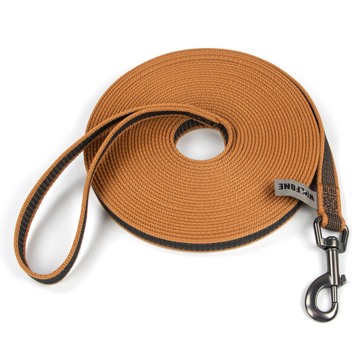 A brown woven dog leash with a black strap and metal clip is shown on a white background.