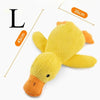 A yellow plush duck dog chew toy with orange accents, shown against a white background.