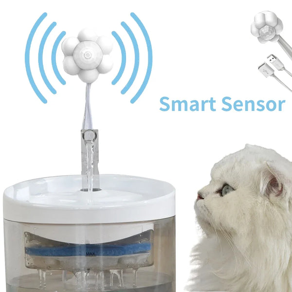 A smart sensor water dispenser for pets, showing a white sensor head and water dripping into a clear container.