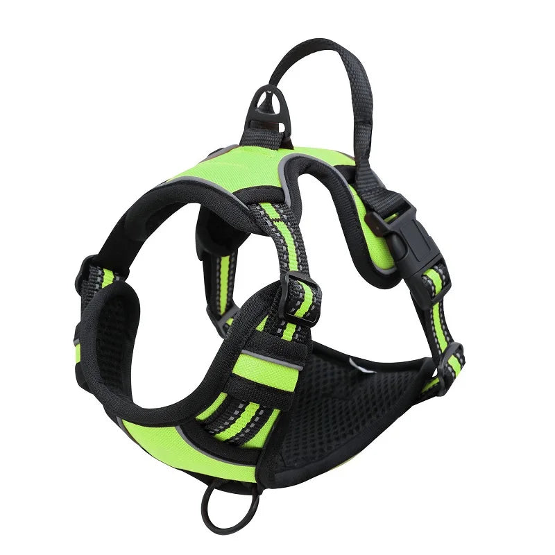 A bright lime green and black heavy duty dog harness with a control handle.