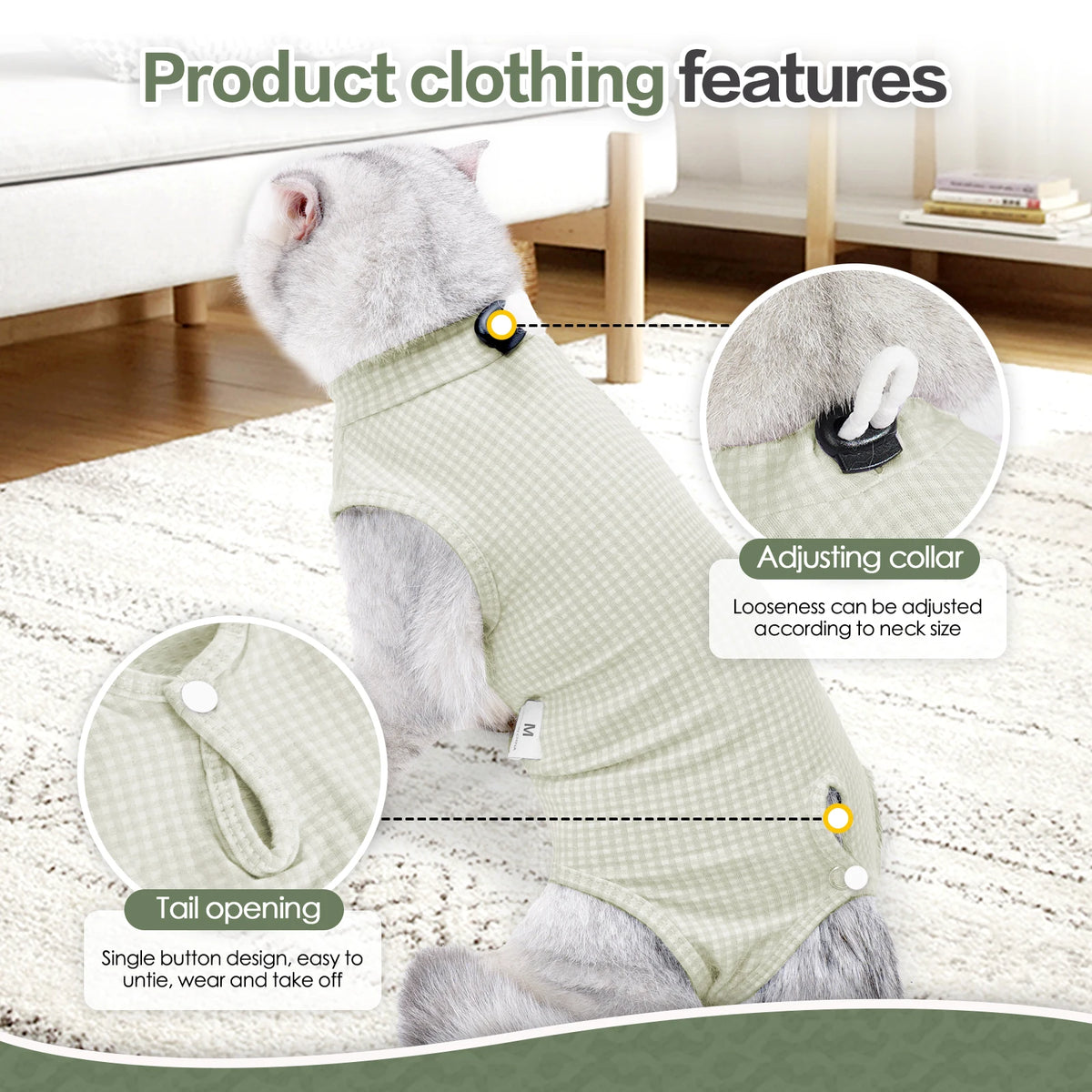 A fluffy gray cat wearing a light green professional recovery suit with an adjusting collar and tail opening features shown.