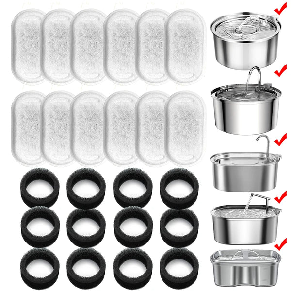 A collection of replacement filters for a cat water fountain, shown in various sizes and configurations.