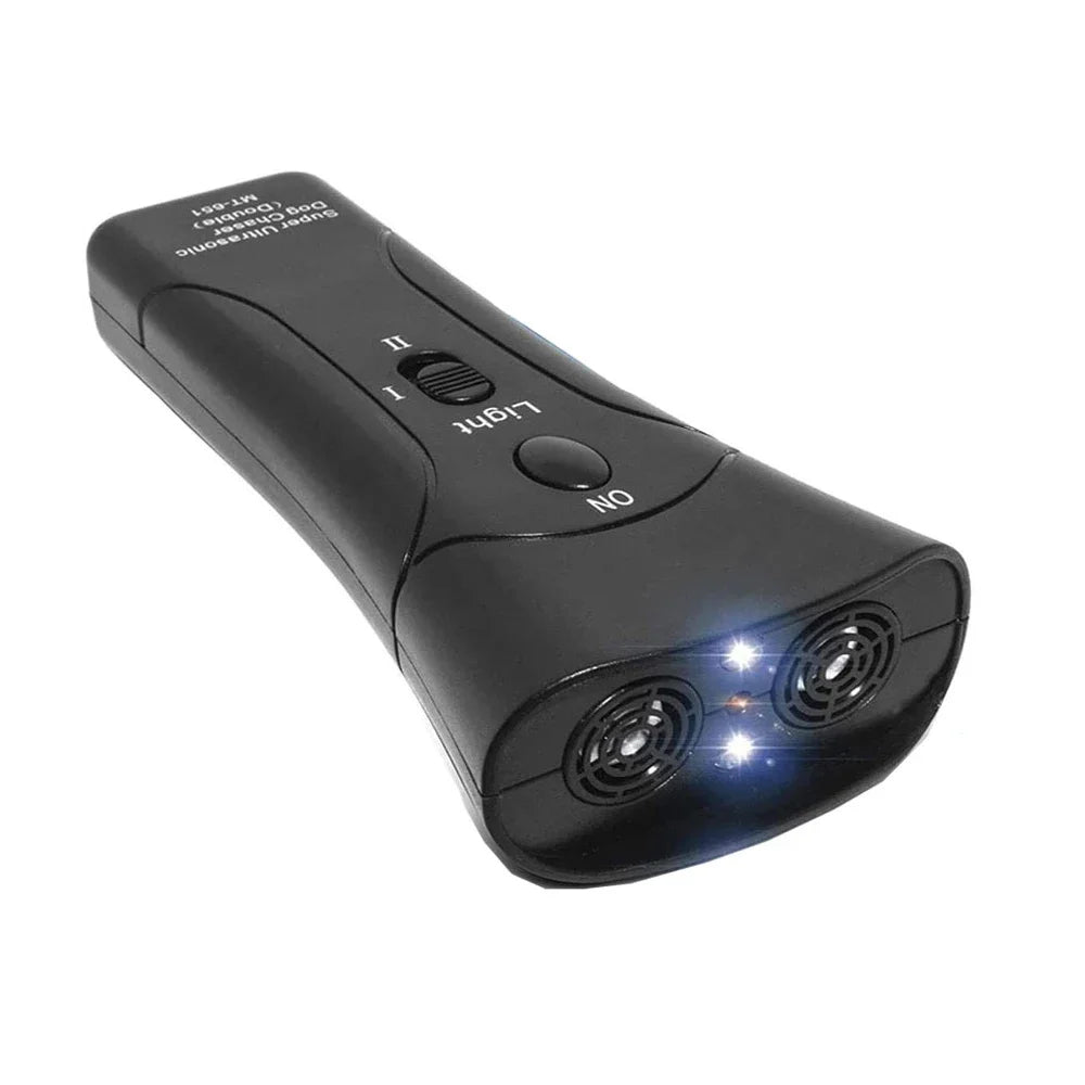 Schwarzes Ultraschall-Hundbell-Abschreckgerät mit Ein-/Ausschalter und LED-Leuchte