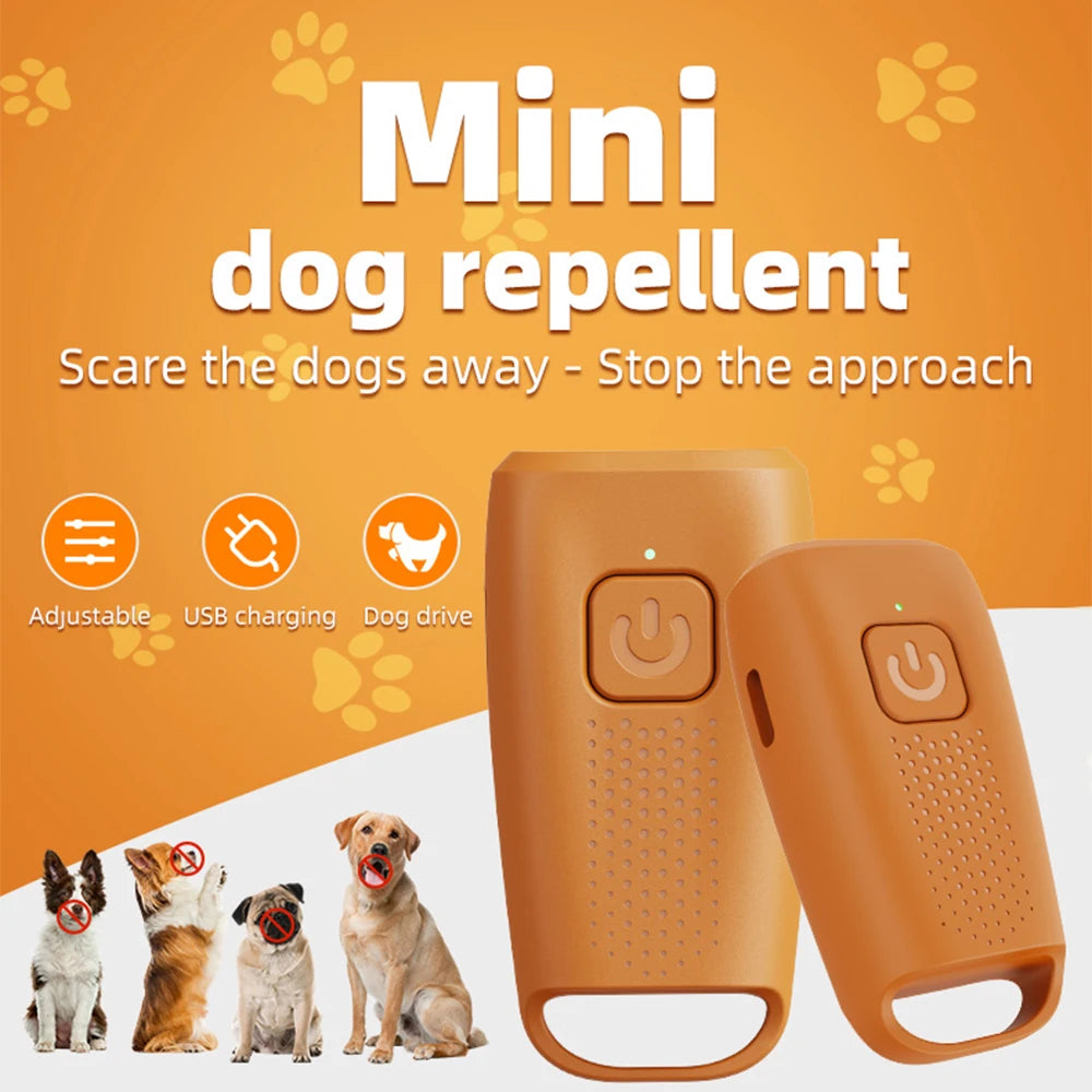 An orange ultrasonic dog repellent device shown next to a dog, demonstrating its use for stopping dog approach.