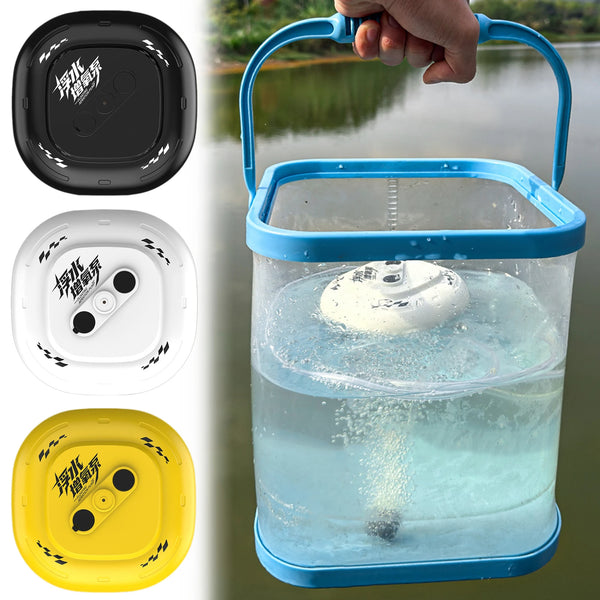 Three colored floating submersible pumps for pond aeration, shown next to a hand holding a blue plastic container.