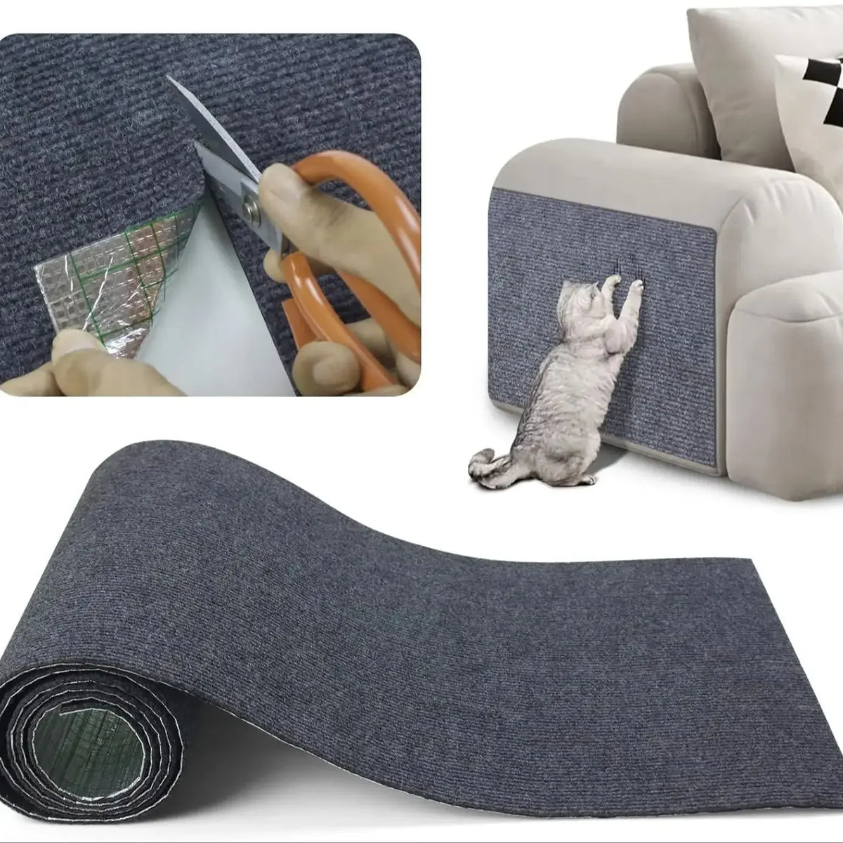 A dark gray self-adhesive cat scratching mat is shown with a cat interacting with it and rolled up.