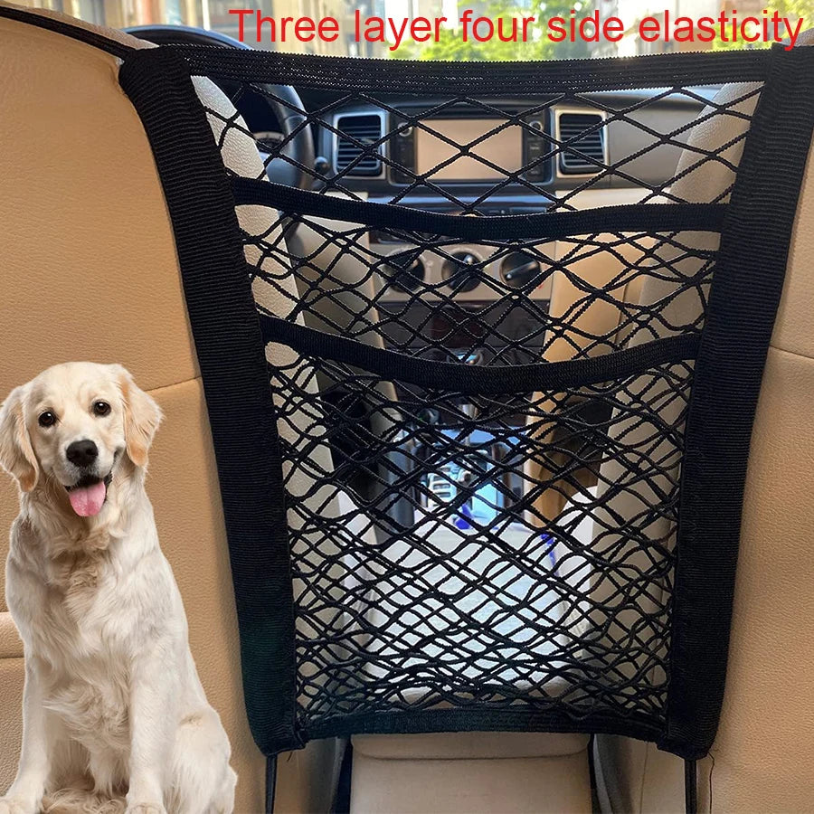 A black mesh car dog barrier with three layers of elasticity is shown in a vehicle interior.