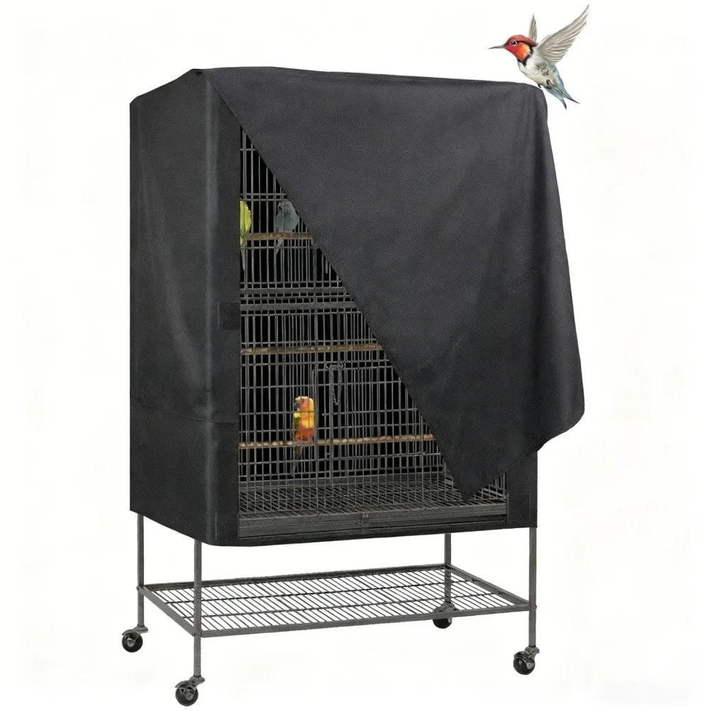 A black Oxford cloth bird cage cover is shown over a wire cage, with a bird perched on the top edge.